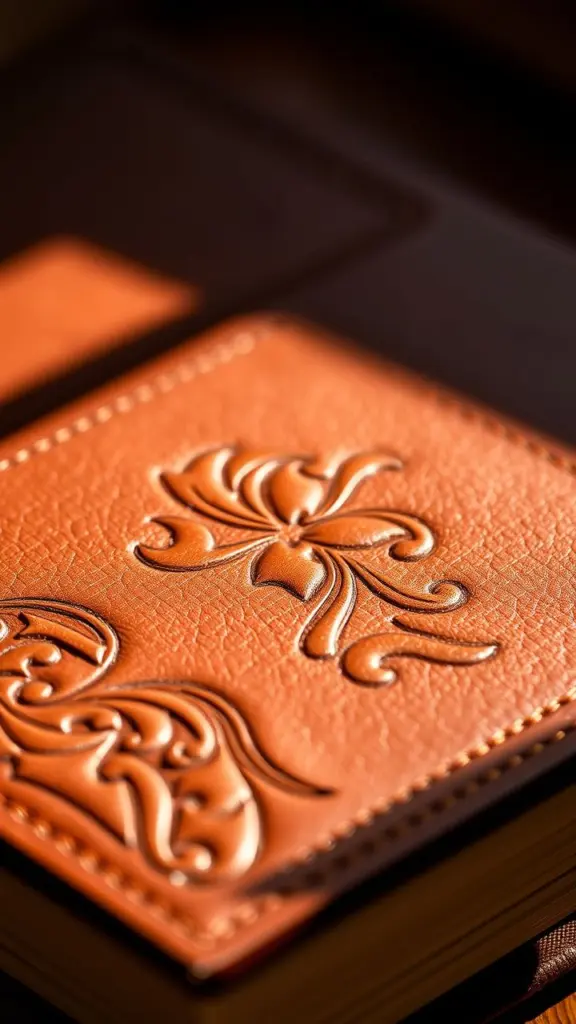 Close-up of a leather journal cover with embossing.