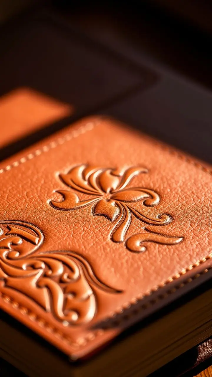 Close-up of a leather journal cover with embossing.