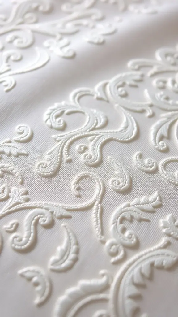 Close-up of elegant fabric with intricate textures and embroidery.