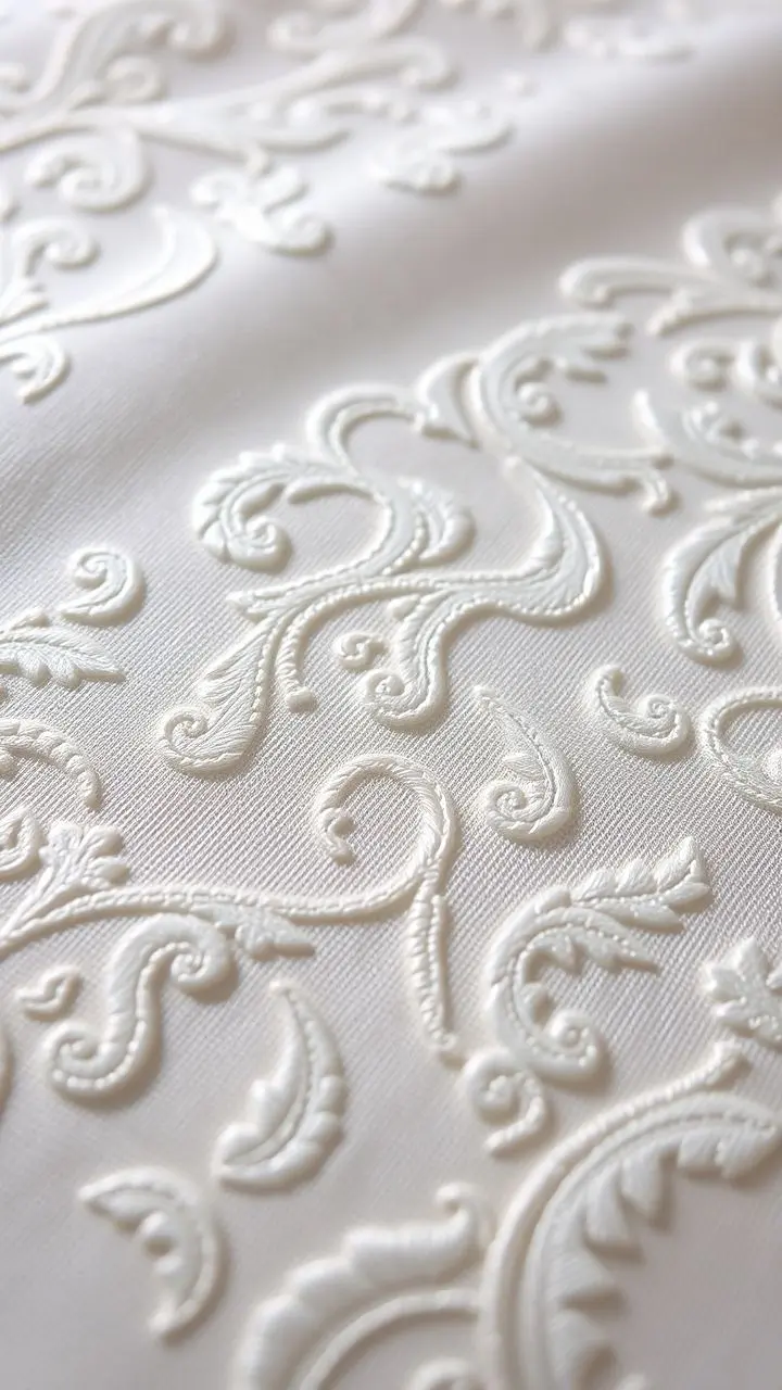 Close-up of elegant fabric with intricate textures and embroidery.