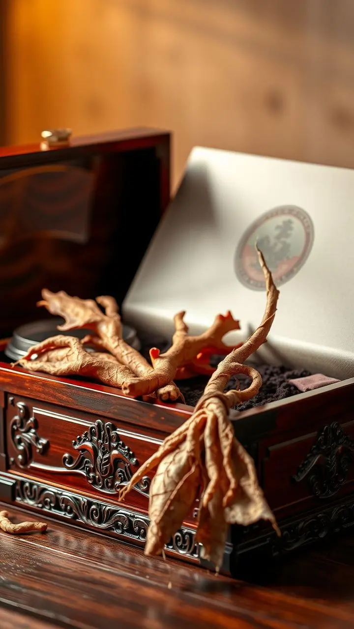Elegant gift box with ginseng and deer whip for wine brewing.