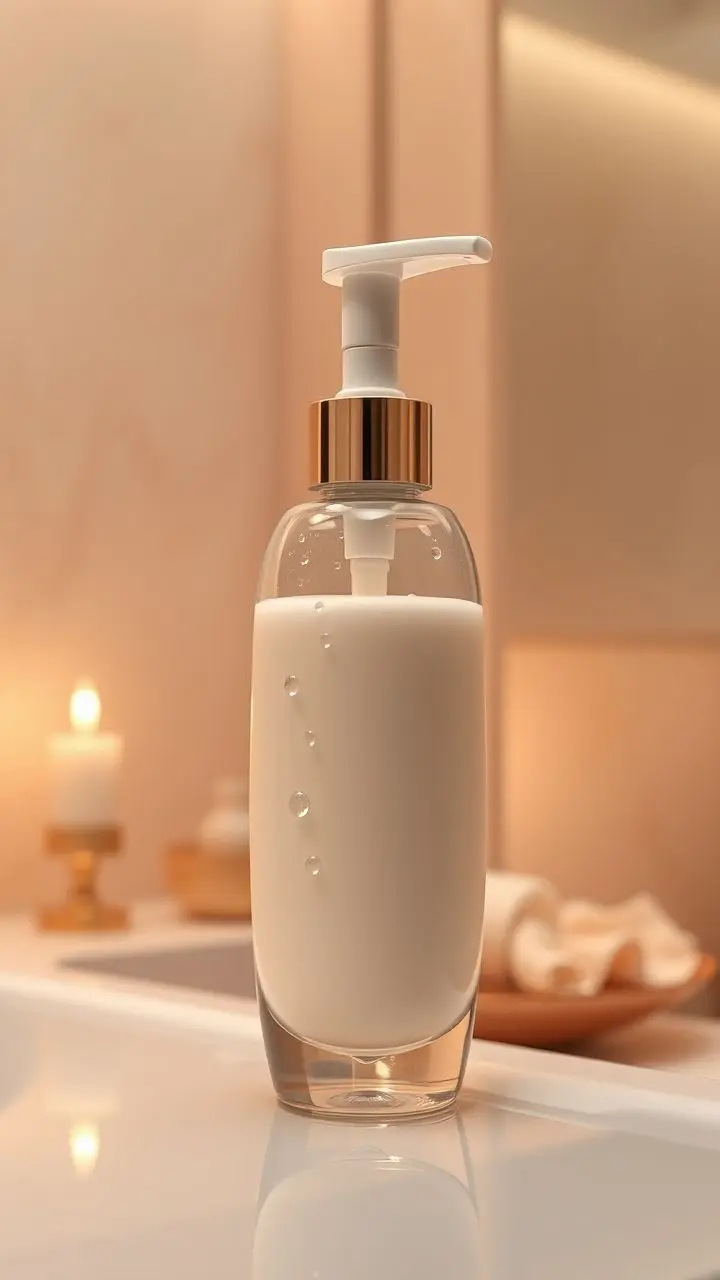 Close-up of a clear bottle with moisturizing facial cleanser, featuring a pump dispenser, water droplets, and a soft, elegant bathroom background.