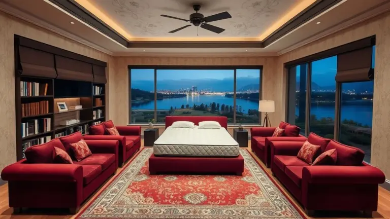 Living room with burgundy sofas, large mattress, bookcases, TV, panoramic windows showing a night city and lake view.