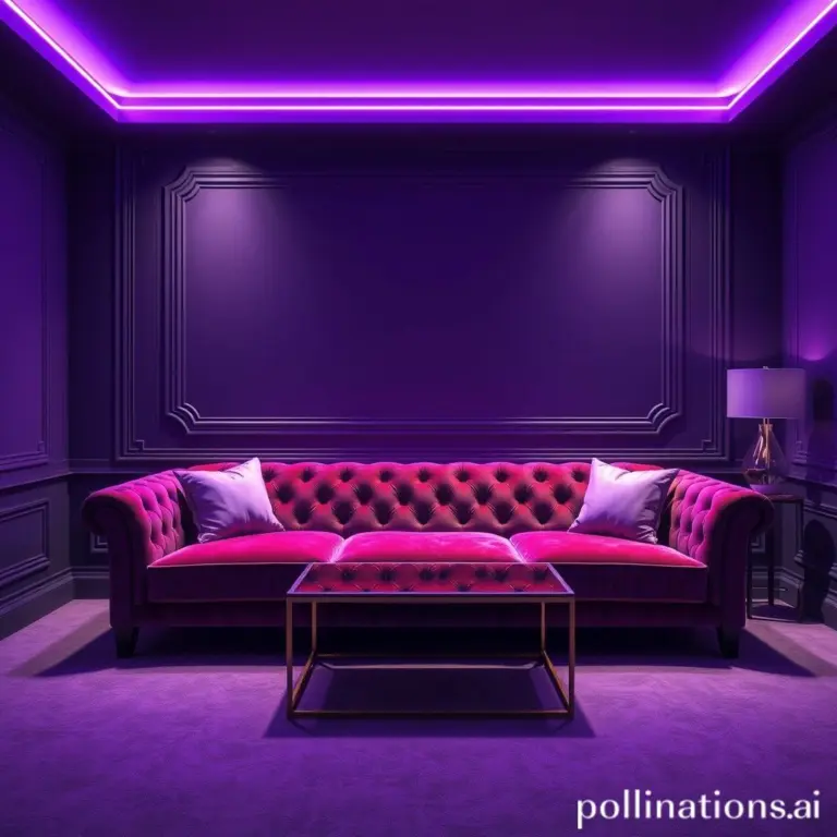Velvet sofa in a dark room with purple neon lights.
