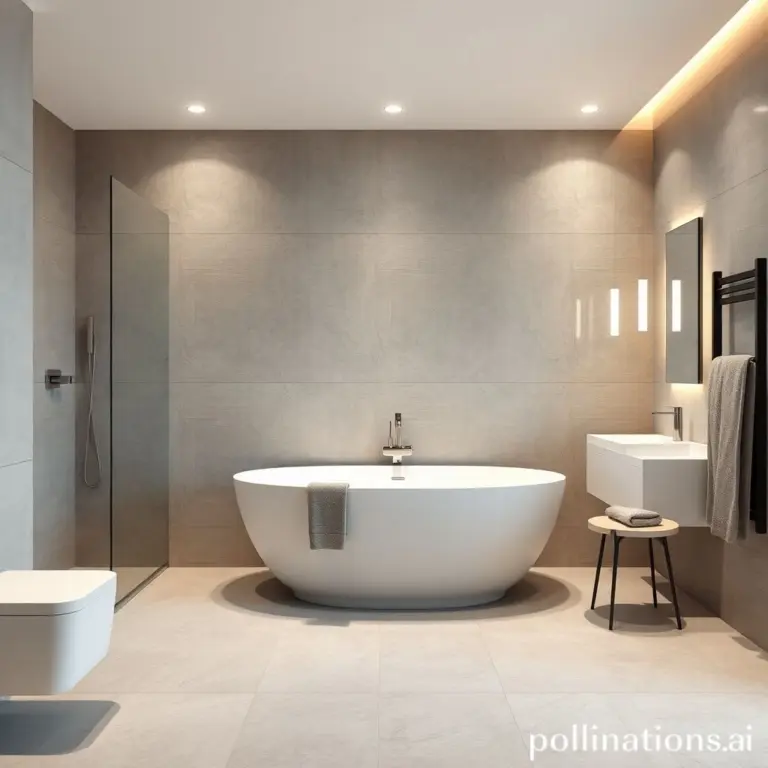 Luxury bathroom with gray tiles and warm lights.