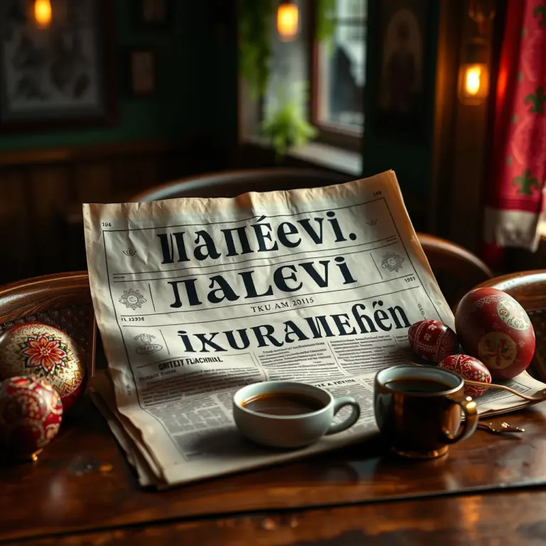 A close-up of a vintage newspaper with Ukrainian text and folk art elements on a wooden table.