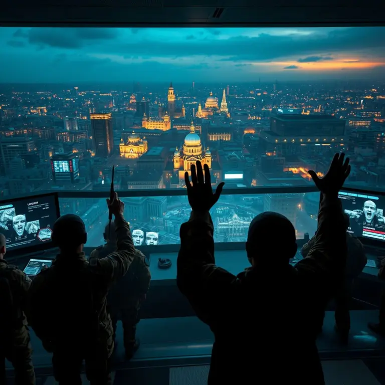 Ukrainian soldiers and captured Russian soldiers in a Lviv command center.