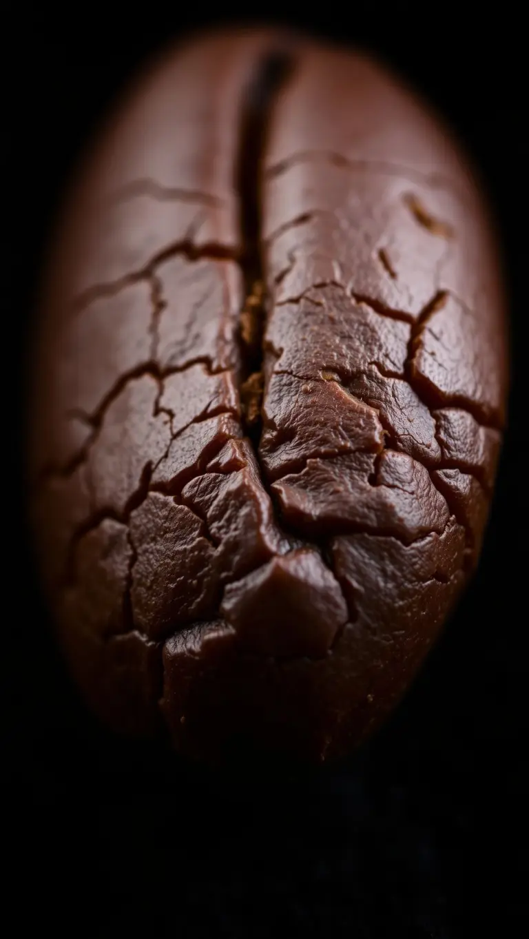 Extreme close-up of a single coffee bean with visible texture.
