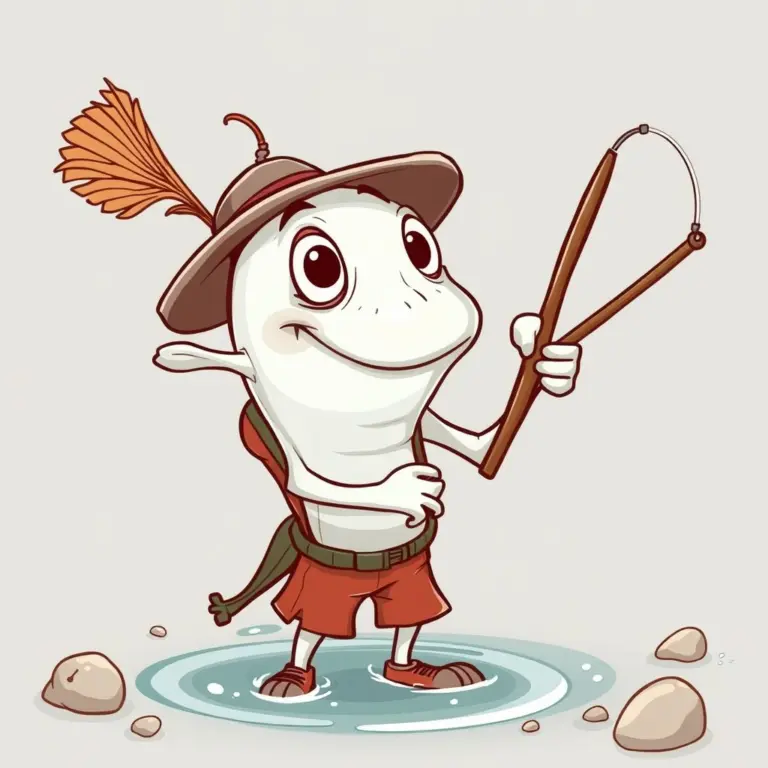 Cartoon maggot dressed as a fisherman.