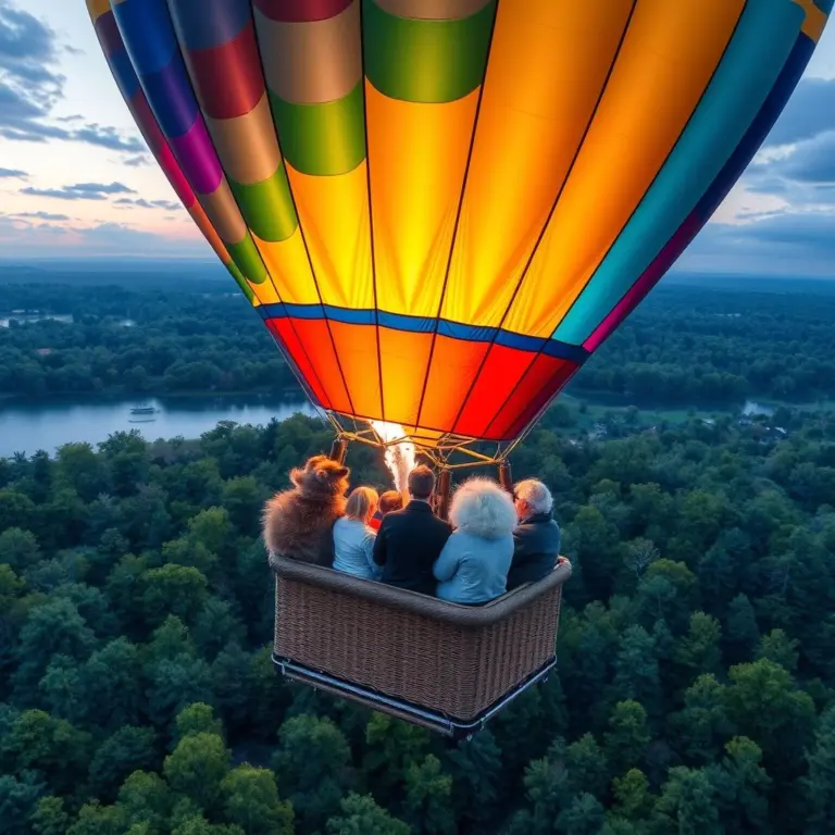 Hot air balloon with animal friends flying over a magical forest.