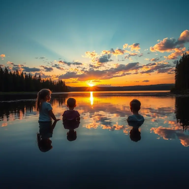 Children looking at reflections on a lake at sunset.