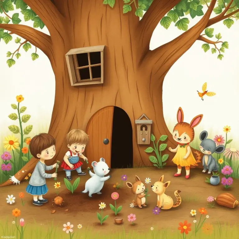 Kids and animals planting flowers by a treehouse.