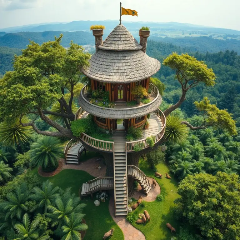 Aerial view of a magical treehouse with animals.