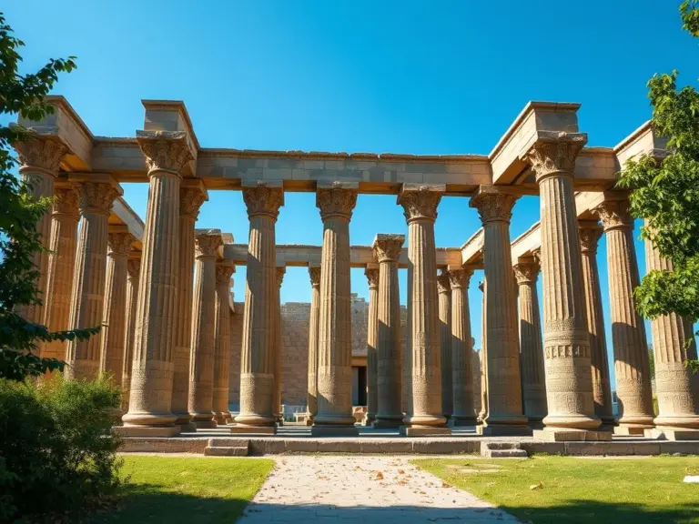 Ancient stone temple pillars in a straight view.