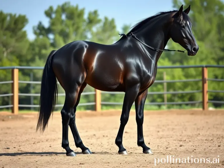 A full-body, realistic photograph of a black Quarter Horse with muscular hindquarters standing in an arena.
