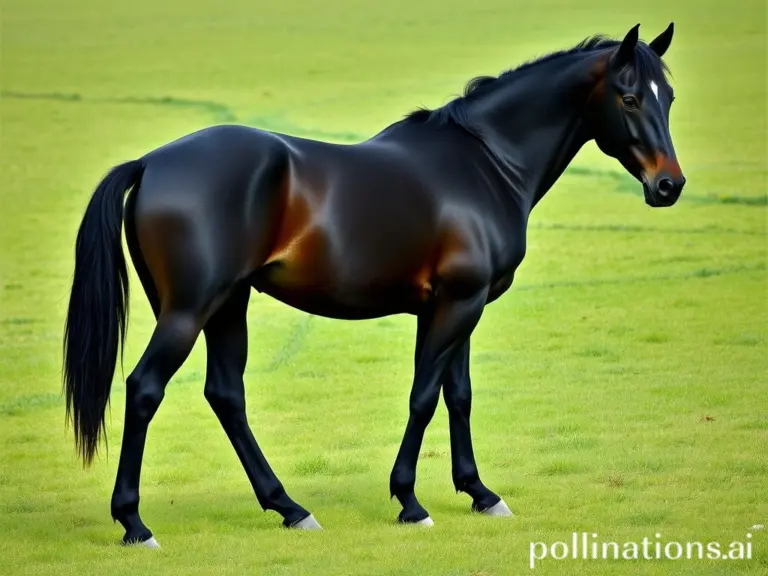Full body side profile of a muscular black Quarter Horse with all four legs visible, standing in a green field.
