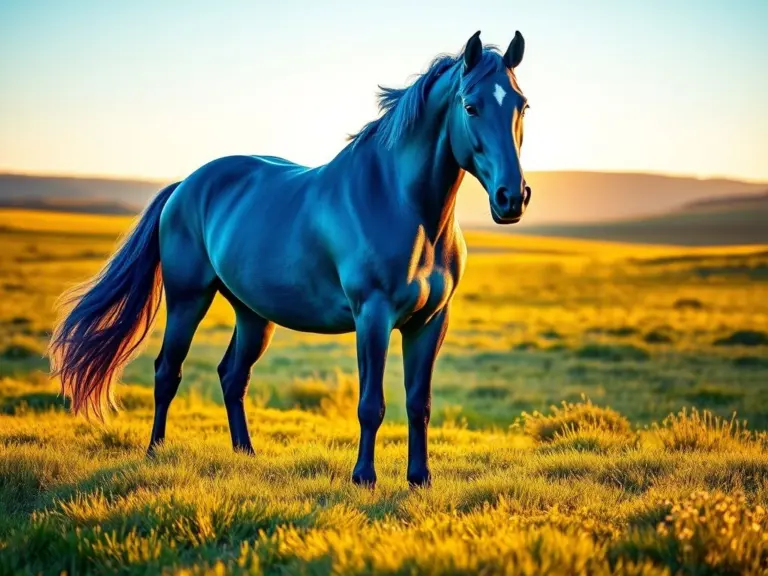 Blue horse in a sunlit meadow