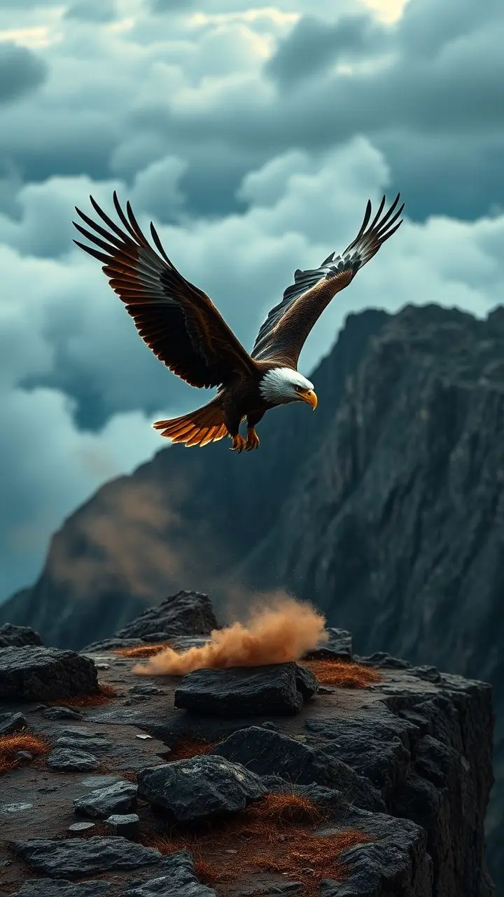 Eagle flying over cliffs at dusk.