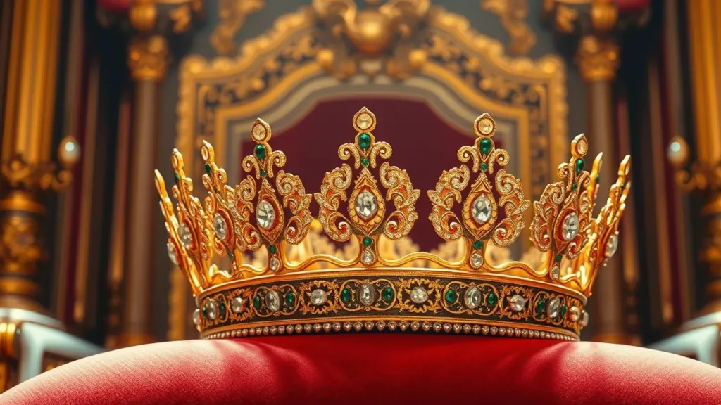 Golden crown with gemstones and filigree on a velvet cushion.