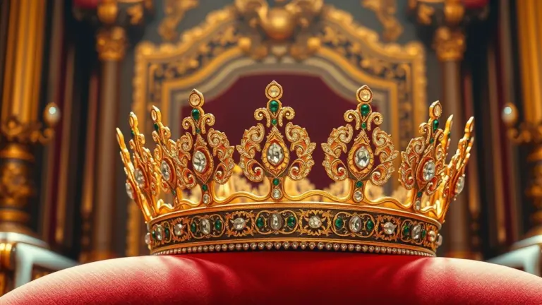 Golden crown with gemstones and filigree on a velvet cushion.