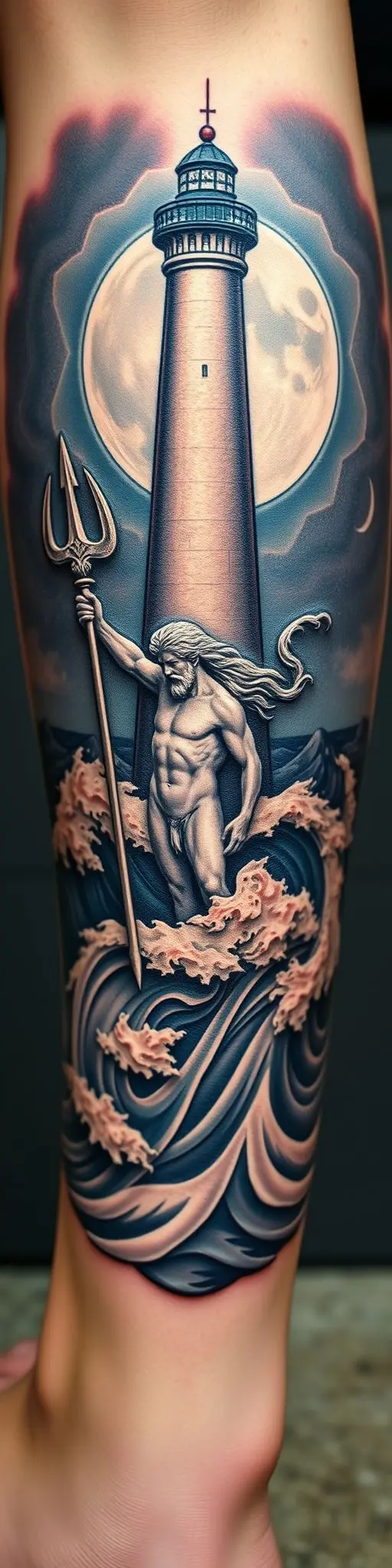 Calf tattoo with embossed lighthouse and Poseidon.