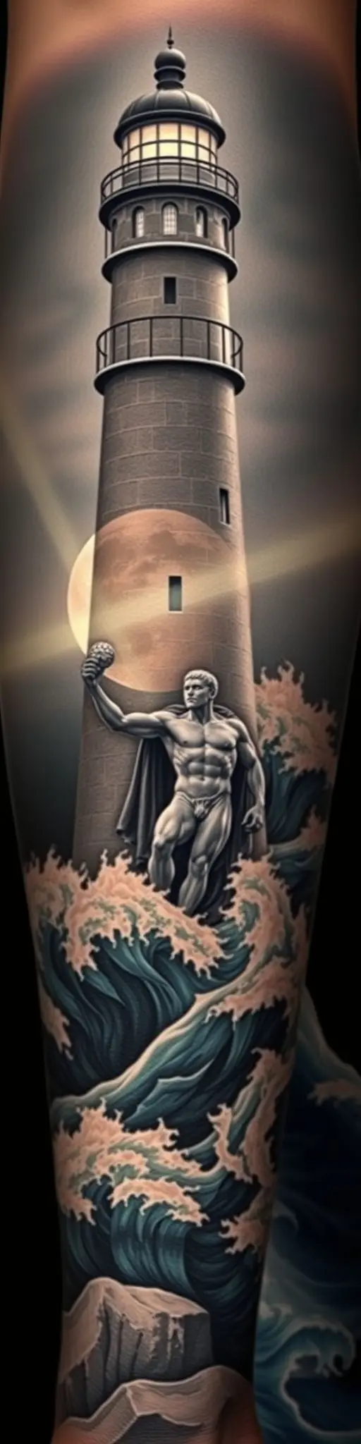 Calf tattoo: Lighthouse, full moon, Poseidon statue, sea waves.