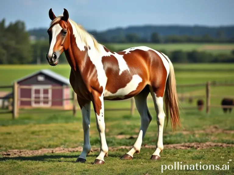 Full body photograph of a pinto Quarter Horse with muscular hindquarters standing in a farm field.