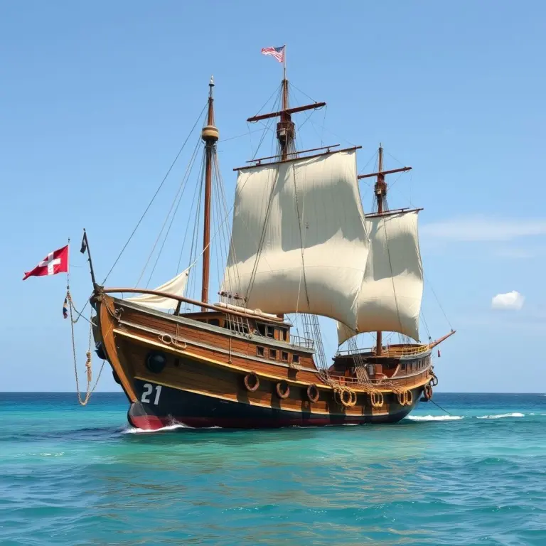 A large pirate ship, in perfect condition, sailing.