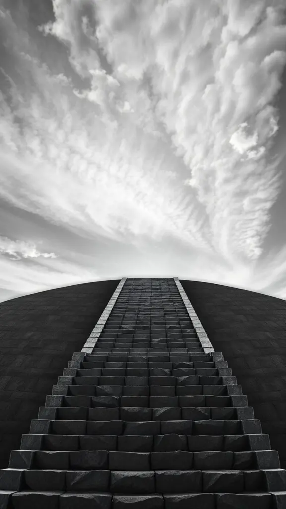 Monochrome digital matte of a stone staircase against a curved horizon with atmospheric lighting.