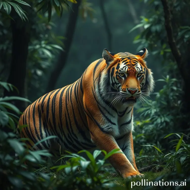 Photorealistic tiger in jungle with detailed fur and shadows.