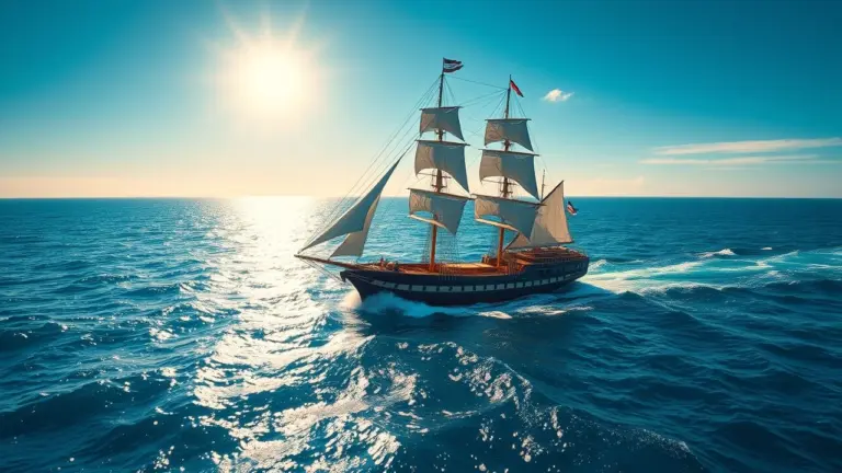 Sailing ship on a bright, sunny ocean.