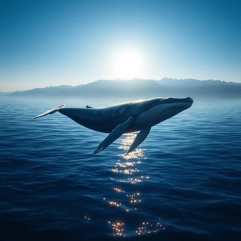 A whale in purple and gold in blue water with mountains.