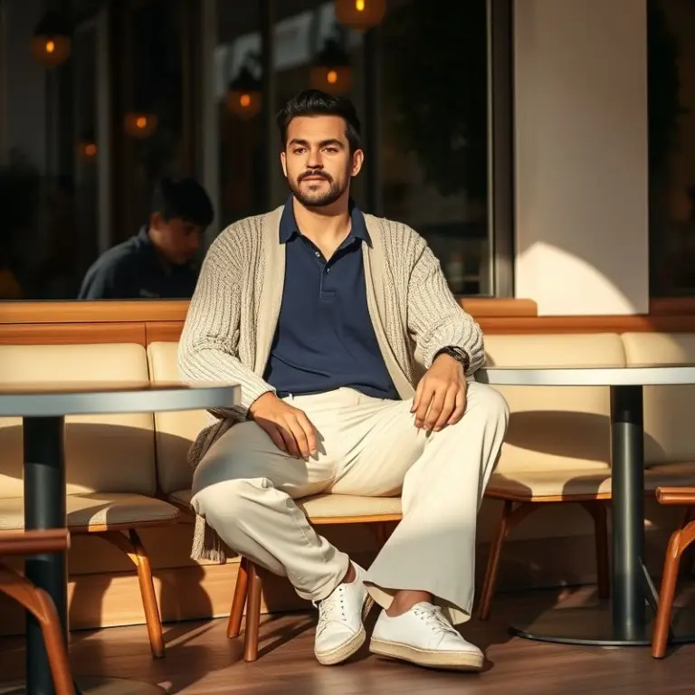 Man in beige cardigan and cream trousers in a cafe.