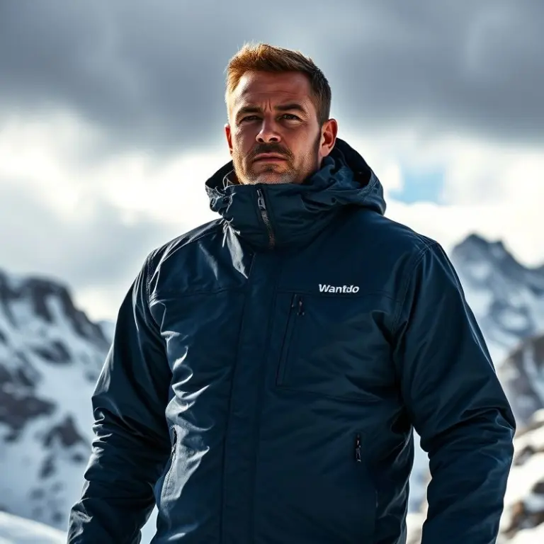 Man in blue ski jacket on snowy mountain.