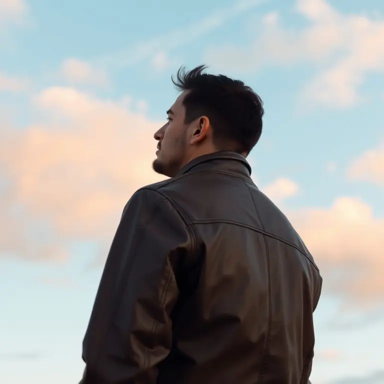Man in leather jacket facing away, sky background