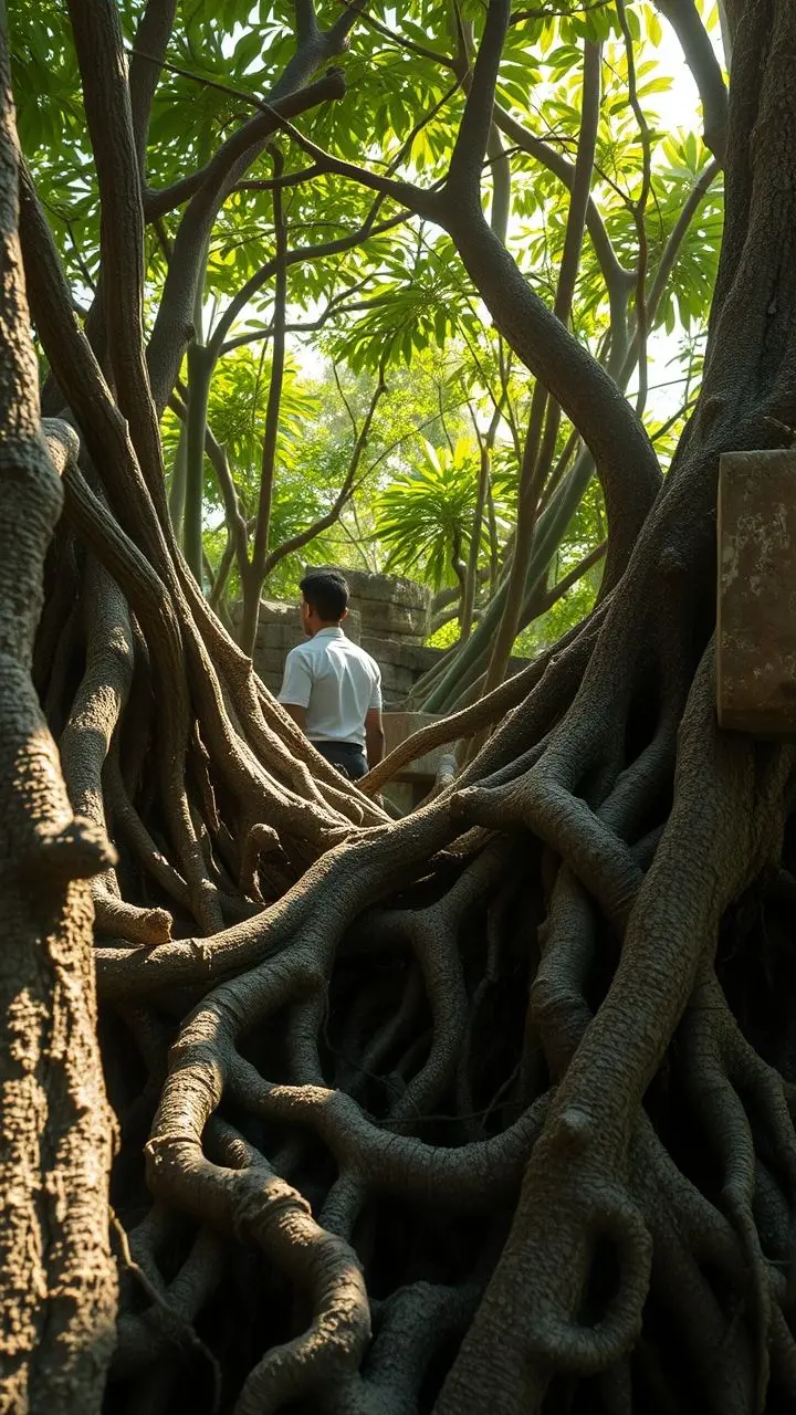 Dense mangrove roots with icy dust, dappled light, brutalist concrete, and reforestation in background.