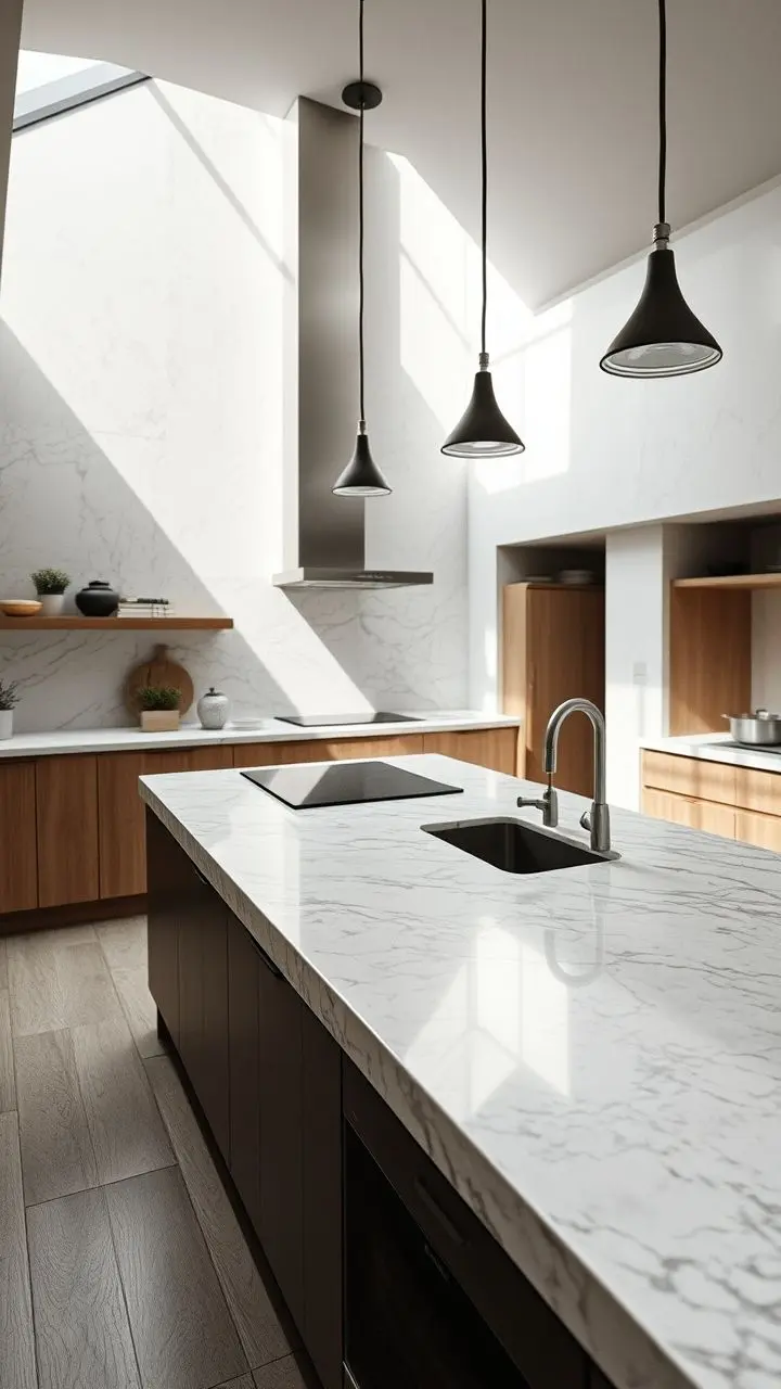 Marble kitchen island with dappled sunlight.