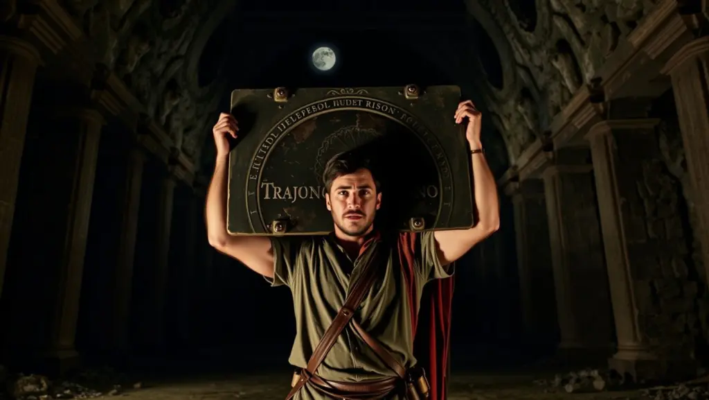 A man holding a tablet in a dark ruin.