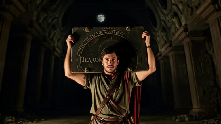 A man holding a tablet in a dark ruin.