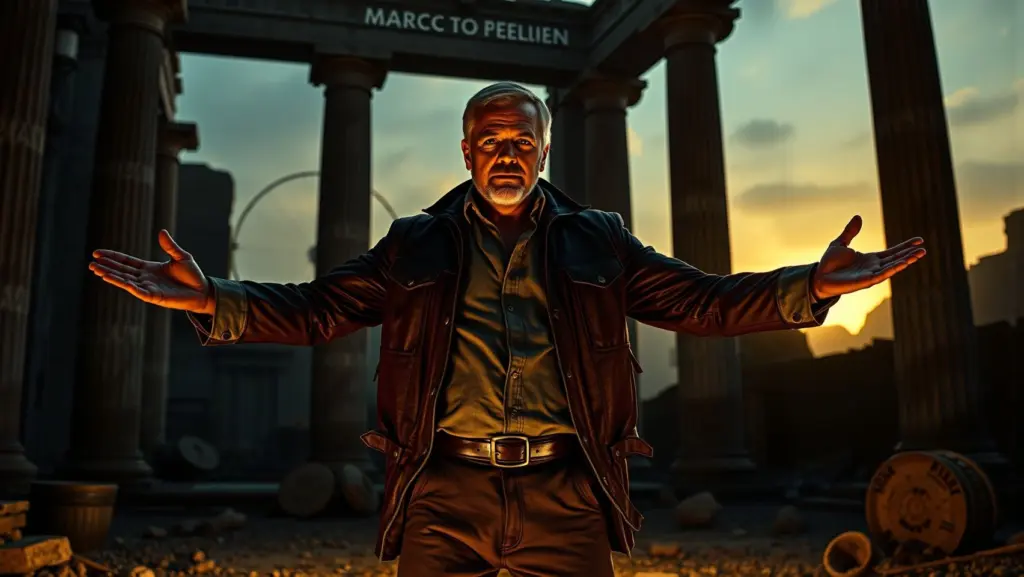 Man in explorer gear stands authoritatively in Roman ruins at sunset.