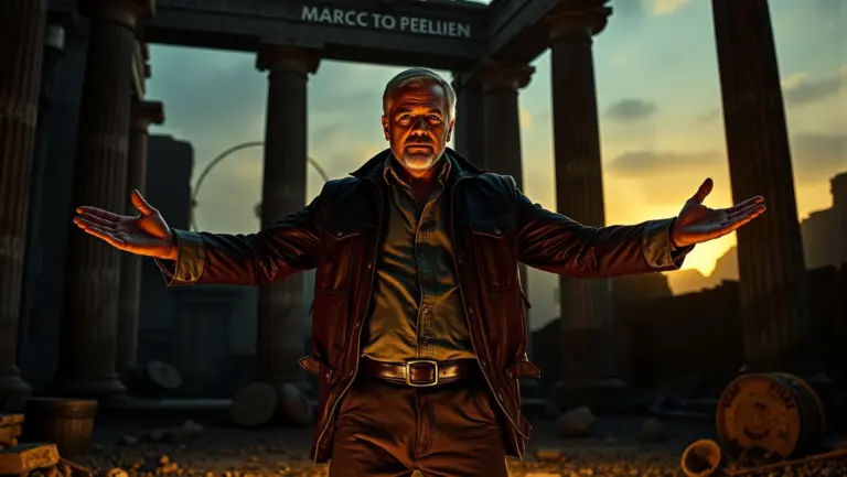 Man in explorer gear stands authoritatively in Roman ruins at sunset.