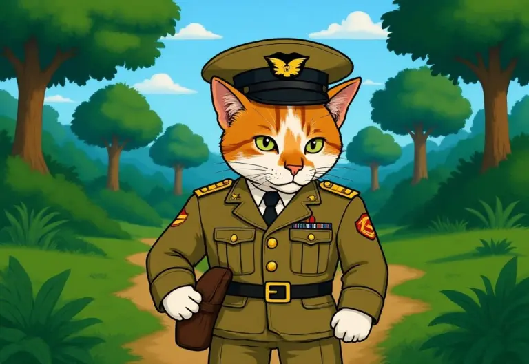 Cartoon cat in Marine uniform in a jungle.