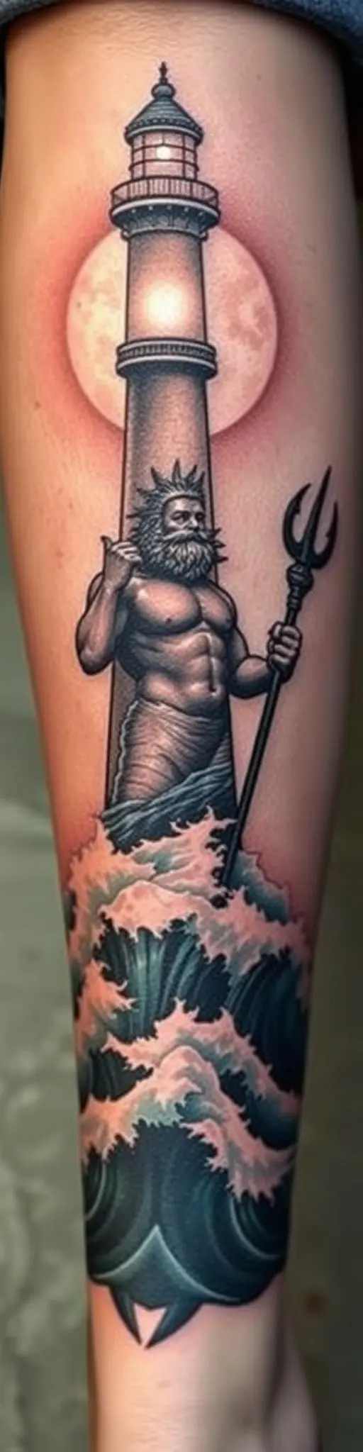 Realistic calf tattoo design of Poseidon and a lighthouse under a full moon.