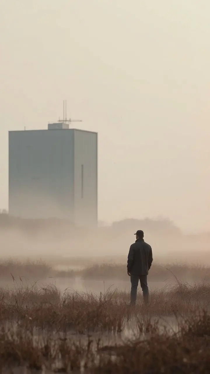 Inspector in a salt marsh with mist and swirling particles near a brutalist building.