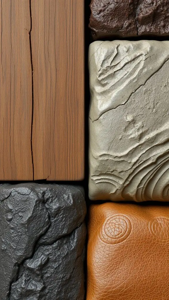 Close-up view of various realistic textures: wood grain, metal reflections, stone roughness, and leather softness.