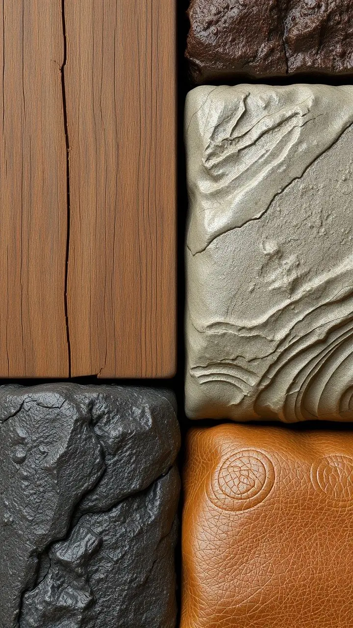 Close-up view of various realistic textures: wood grain, metal reflections, stone roughness, and leather softness.