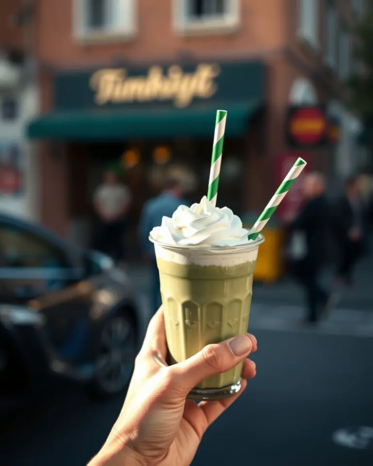 Hand holding matcha drink with whipped cream and striped straw.