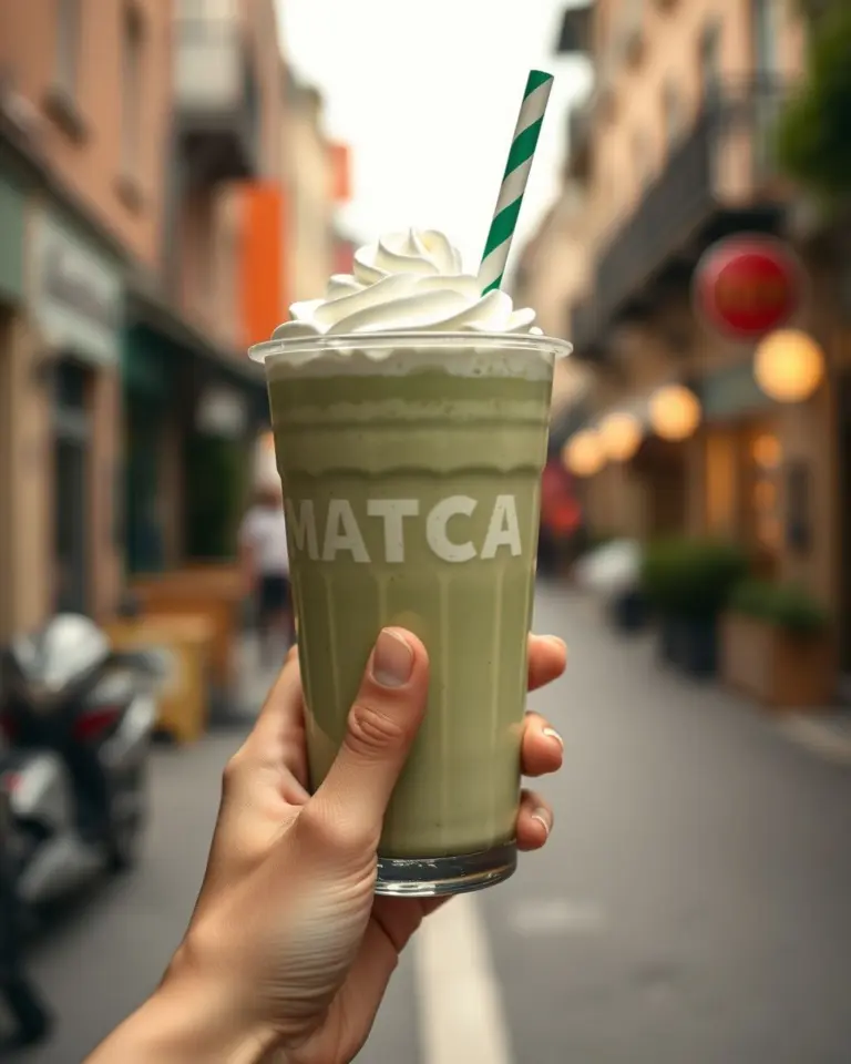 Hand holding a matcha drink with whipped cream and striped straw, blurred street background.
