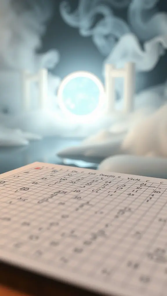 Graph paper with equations and a glowing portal with mist.