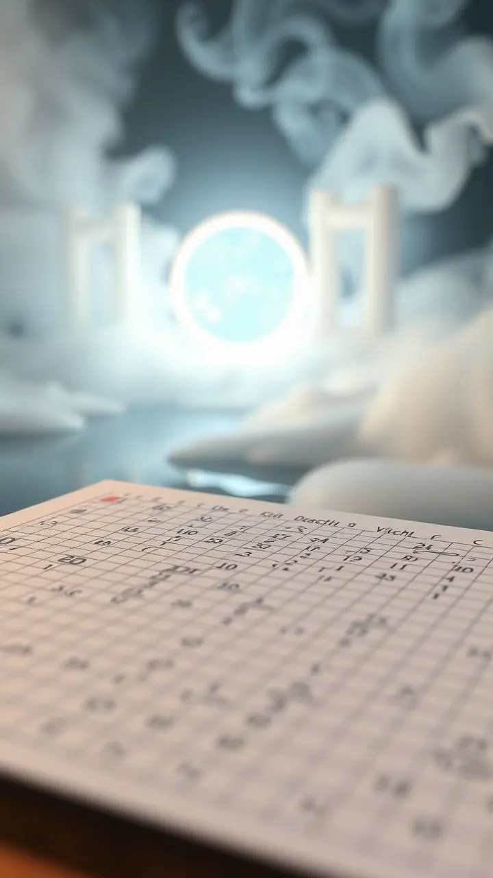 Graph paper with equations and a glowing portal with mist.